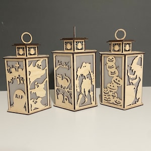 Halloween Wooden Lanterns, Halloween Lamp Night Light Halloween Lantern Decoration Centerpiece Lampshade Table Candle Holder