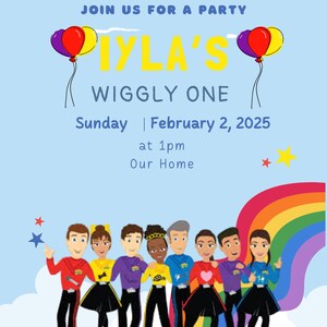 May include: A light blue party invitation with the text "Join us for a party" and "Iyla's Wiggly One". The date is February 2, 2025, at 1 pm. Features cartoon characters, balloons, stars, and a rainbow.
