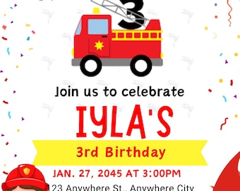 Fire Truck Birthday Party Invitation – Editable Firefighter Themed Invite –Customizable Fire Fighter Illustration
