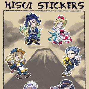 May include: A set of five illustrated stickers featuring characters from the Pokemon video game series. The characters are depicted in a chibi style and are set against a background of a mountain. The text "HISUI STICKERS" is at the top of the image.