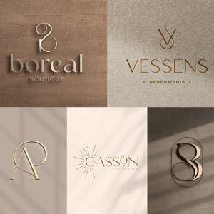 Puede incluir: Una colección de logotipos dorados sobre varios fondos texturizados. Los logotipos presentan una tipografía y diseños elegantes, incluyendo las palabras "boreal boutique", "Vessens Perfumaria", "Casson Collection" e iniciales estilizadas.