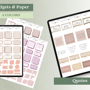 May include: A digital planner with three color themes: pink, purple, and brown. The planner includes widgets, paper, and quotes. The quotes include: "Believe in yourself", "Embrace your journey", "Don't wait for the perfect moment, take the moment and make it perfect", "Believe in your potential, even if you haven't reached it yet", "Create the life you can't wait to wake up to", "The only one that can make you feel that you are in the wrong place is yourself", "Life is a journey, not a destination", "The future belongs to those who believe in the beauty of their dreams", "You are capable of more than you know", "If you love it, make it perfect", "You are what you believe", "Your life is your message, make it worth reading", "The best way to predict the future is to create it", "Your attitude is your most valuable asset", "Your life is a gift, make it a masterpiece".