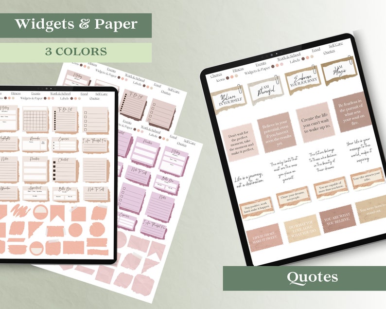 May include: A digital planner with three color themes: pink, purple, and brown. The planner includes widgets, paper, and quotes. The quotes include: "Believe in yourself", "Embrace your journey", "Don't wait for the perfect moment, take the moment and make it perfect", "Believe in your potential, even if you haven't reached it yet", "Create the life you can't wait to wake up to", "The only one that can make you feel that you are in the wrong place is yourself", "Life is a journey, not a destination", "The future belongs to those who believe in the beauty of their dreams", "You are capable of more than you know", "If you love it, make it perfect", "You are what you believe", "Your life is your message, make it worth reading", "The best way to predict the future is to create it", "Your attitude is your most valuable asset", "Your life is a gift, make it a masterpiece".