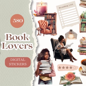 May include: A set of digital stickers featuring illustrations of books, a woman reading, a bookshelf, a coffee cup, a rose, and a reading list. The stickers are perfect for book lovers and can be used to decorate planners, journals, and laptops.