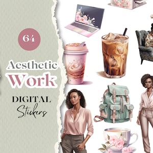Könnte beinhalten: Ein Set mit 64 digitalen Stickern mit einem ästhetischen Arbeitsthema. Die Sticker beinhalten einen Laptop, Kaffeetassen, einen Rucksack, eine Teetasse und Frauen in verschiedenen Posen. Die Sticker sind perfekt, um deinen digitalen Planer, Notizen oder Social Media mit einem Hauch von Stil zu versehen.
