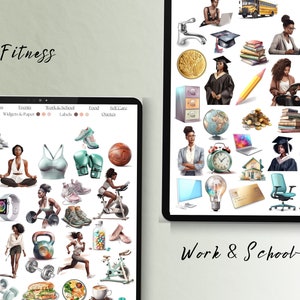 May include: A digital illustration of a collection of stickers featuring women in various activities, including fitness, work, and school. The stickers are in a watercolor style and feature a variety of colors and designs.