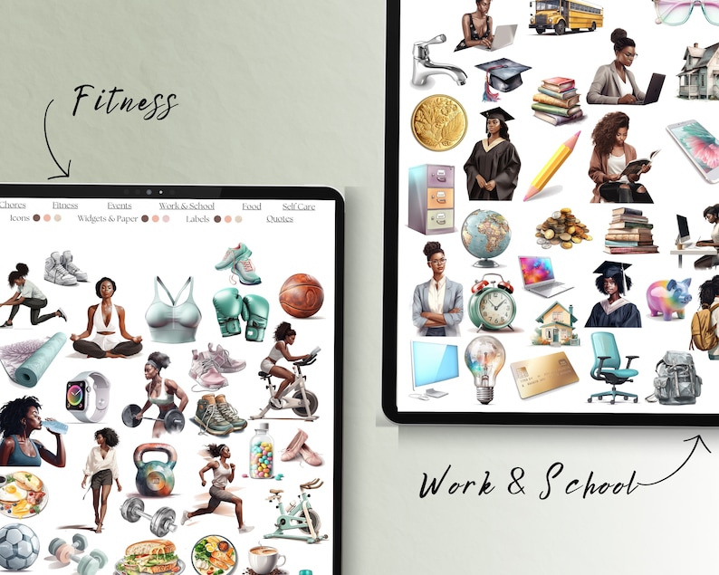 May include: A digital illustration of a collection of stickers featuring women in various activities, including fitness, work, and school. The stickers are in a watercolor style and feature a variety of colors and designs.