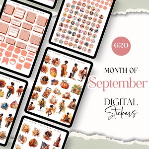 May include: Digital stickers for September featuring fall-themed illustrations. The stickers include images of leaves, pumpkins, coffee cups, and women in fall outfits. The text "Month of September" and "Digital Stickers" is also included in the image.