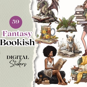 Könnte beinhalten: Ein Set mit 59 digitalen Stickern mit Fantasy- und Buchmotiven. Die Sticker zeigen einen Drachen, der ein Buch liest, einen Fuchs, der ein Buch liest, eine Frau, die ein Buch liest, eine Tasse Tee mit einem Buch und einen gemütlichen Sessel mit einem Buch. Die Sticker sind perfekt, um Ihren Planer, Ihr Tagebuch oder Ihre digitalen Projekte mit einem Hauch von Fantasie zu verschönern.