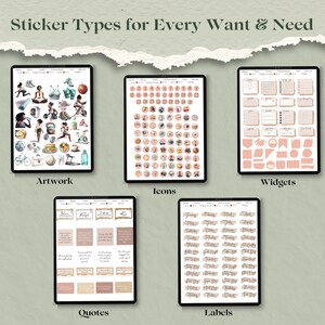 May include: Five digital screens displaying different types of digital stickers. The screens are labeled "Artwork", "Icons", "Widgets", "Quotes", and "Labels". The stickers are in a pink and white color scheme.