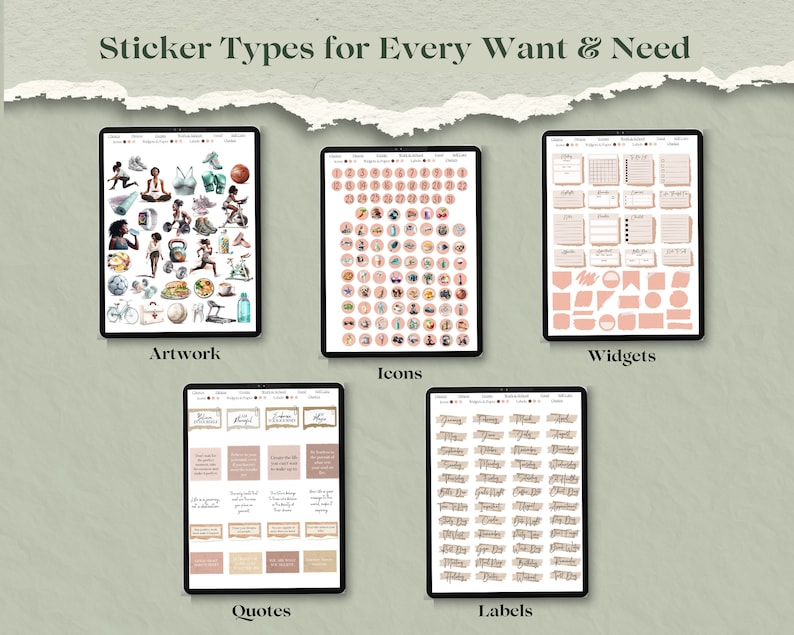 May include: Five digital screens displaying different types of digital stickers. The screens are labeled "Artwork", "Icons", "Widgets", "Quotes", and "Labels". The stickers are in a pink and white color scheme.