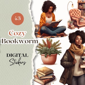May include: A set of digital stickers featuring illustrations of cozy bookworm themes. The stickers include a woman reading a book, a woman carrying a stack of books, a potted plant, a bookshelf, and a chair with a stack of books on it. The text "Cozy Bookworm" and "Digital Stickers" is included in the image.