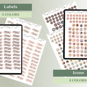 May include: A digital planner with three different color schemes. The planner includes labels for months, days of the week, and other events. It also includes a set of icons with various themes, such as food, travel, and hobbies.