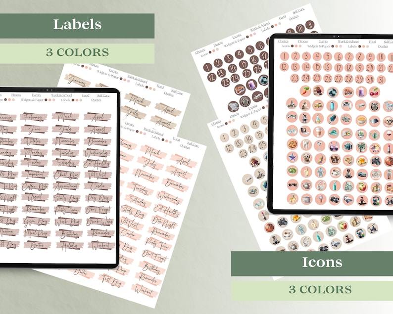 May include: A digital planner with three different color schemes. The planner includes labels for months, days of the week, and other events. It also includes a set of icons with various themes, such as food, travel, and hobbies.