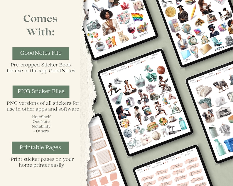 May include: A digital planner with a variety of stickers for use in the GoodNotes app. The stickers include a variety of themes, including fitness, food, and school. The planner also includes printable pages that can be used to create custom stickers.