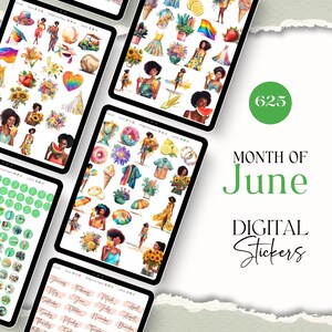 May include: Digital stickers for the month of June. The stickers feature a variety of illustrations, including flowers, fruit, and people. There are also some calendar stickers and a few other miscellaneous stickers. The stickers are designed in a colorful and whimsical style.