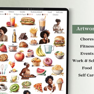 May include: A digital sheet of colorful stickers featuring various illustrations, including food, drinks, people, and objects. The stickers are organized into categories: Chores, Fitness, Events, Work & School, Food, and Self Care.