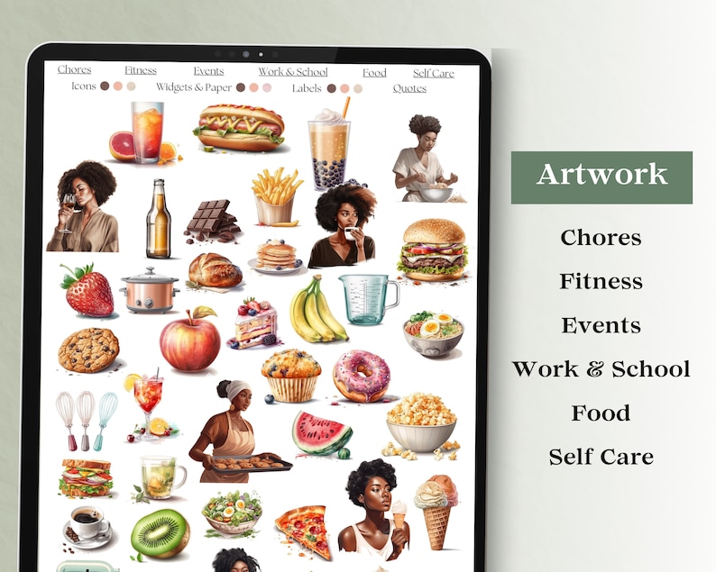May include: A digital sheet of colorful stickers featuring various illustrations, including food, drinks, people, and objects. The stickers are organized into categories: Chores, Fitness, Events, Work & School, Food, and Self Care.