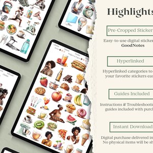 May include: A digital sticker pack for GoodNotes featuring pre-cropped, hyperlinked stickers. The stickers are organized into categories, such as food, drinks, and lifestyle. The pack includes instructions and troubleshooting guides. The stickers are available for instant download.