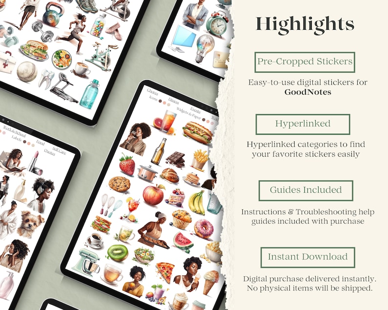 May include: A digital sticker pack for GoodNotes featuring pre-cropped, hyperlinked stickers. The stickers are organized into categories, such as food, drinks, and lifestyle. The pack includes instructions and troubleshooting guides. The stickers are available for instant download.