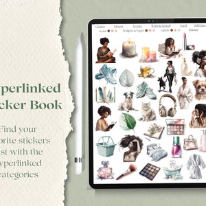 May include: A digital sticker book with a variety of categories, including icons, fitness, events, work & school, food, and self-care. The stickers are illustrated in a watercolor style and feature a variety of subjects, including people, animals, objects, and food.