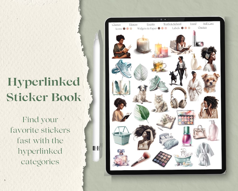 May include: A digital sticker book with a variety of categories, including icons, fitness, events, work & school, food, and self-care. The stickers are illustrated in a watercolor style and feature a variety of subjects, including people, animals, objects, and food.
