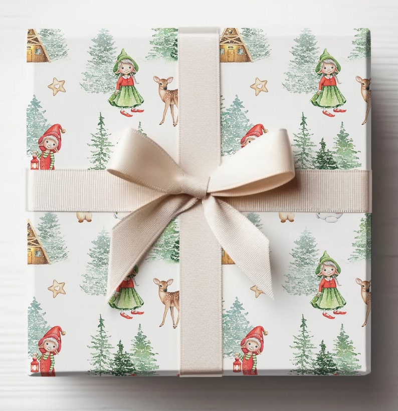 Adorable Nordic Elf Child Christmas Wrapping Paper, Holiday Gift Wrap, Christmas Wrapping Paper, Scandanavian Christmas, Scandinavian Wrap zdjęcie 1