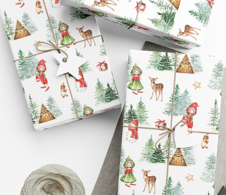 Adorable Nordic Elf Child Christmas Wrapping Paper, Holiday Gift Wrap, Christmas Wrapping Paper, Scandanavian Christmas, Scandinavian Wrap zdjęcie 2