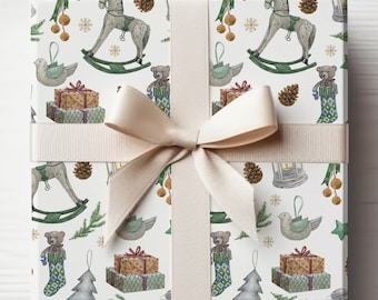 Papel de regalo de Navidad vintage, Navidad retro, papel de regalo rústico verde, papel de regalo de Navidad, envoltura de regalo navideño, caballo mecedor