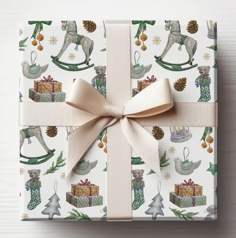 Vintage Christmas Wrapping Paper, Retro Christmas, Green Rustic Wrapping Paper, Christmas Wrapping Paper, Holiday Gift Wrap, Rocking Horse image 1
