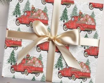 Watercolor Hand Drawn Christmas Wrapping Paper, Retro Christmas, Wrapping Paper, Christmas Wrapping Paper, Holiday Gift Wrap, Red truck