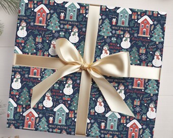 Christmas Gift Wrap, Merry Christmas Wrapping Paper, Vintage Gift Wrap, Christmas Village Gift Wrap, Holiday Wrapping Paper, Holiday Gift