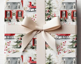 Julabstrakt snöigt hus och släde omslagspapper, julklappsinslagning, klassisk presentinslagning, julklapp
