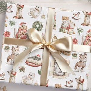 Confezione regalo per gatti di Natale, carta da regalo di buon Natale, confezione regalo vintage, Natale rustico, Natale con gattini