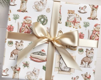 Christmas Cat Gift Wrap, Merry Christmas Wrapping Paper, Vintage Gift Wrap, Rustic Christmas, Kittens Christmas