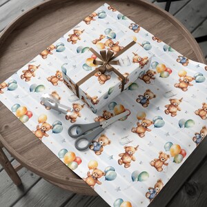 Vintage Baby Shower Gift Wrap Wrapping Paper 2 NOS Packages Teddy Bears Umbrella - View #3