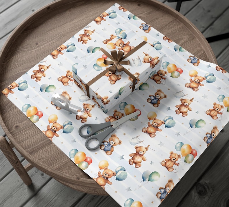 Teddy Bear Wrapping Paper, Baby Shower Gift Wrap, Baby Boy Birthday Wrapping Paper, Vintage Retro Bear, Baby Shower Gift, Birthday Boy image 4