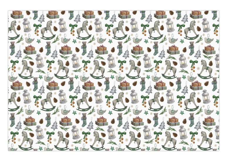 Vintage Christmas Wrapping Paper, Retro Christmas, Green Rustic Wrapping Paper, Christmas Wrapping Paper, Holiday Gift Wrap, Rocking Horse image 4