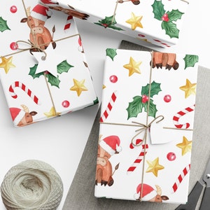 Highland Cow Cute Cartoon Christmas Gift Wrap, Merry Christmas Wrapping Paper, Vintage Gift Wrap, Highland cow Christmas, Bull image 2