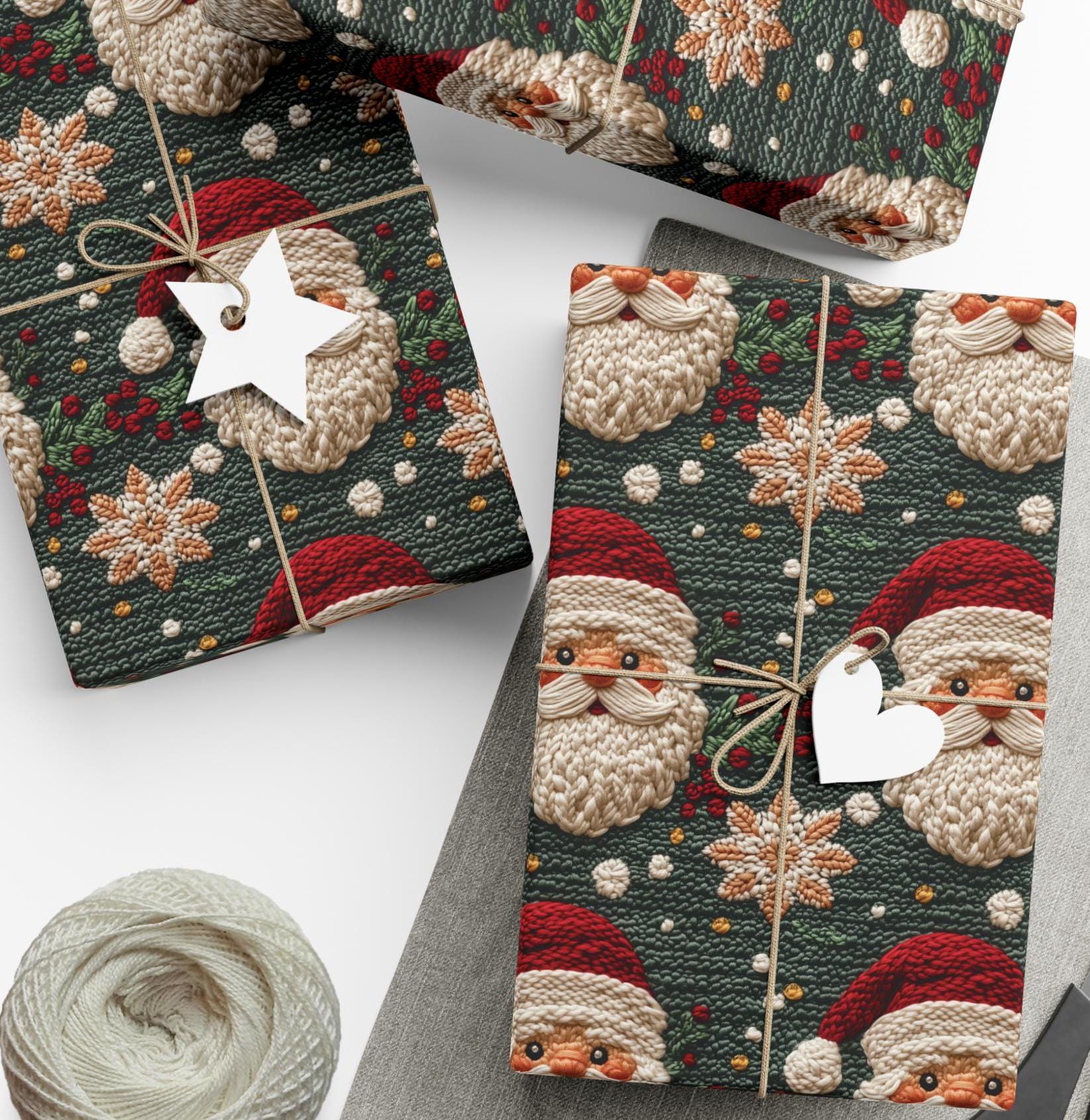 Faux 3D Knitted Vintage Christmas Wrapping Paper, Christmas Gift Wrap, Holiday Gift Wrap, Christmas Gifts, Santa Gift Wrap