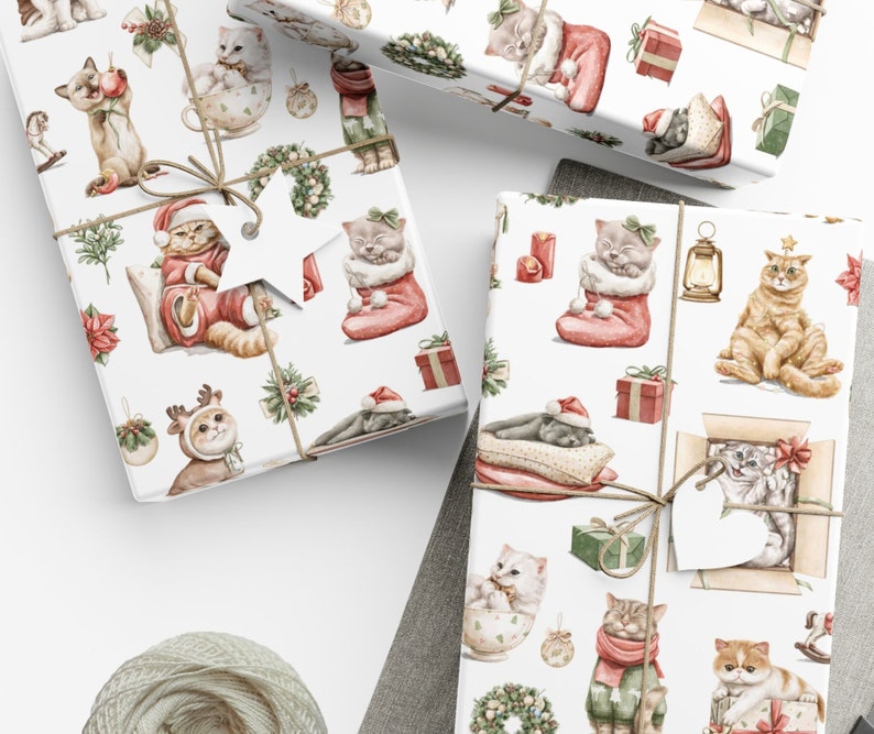 Christmas Cat Wrapping Paper: Vintage Rustic Kitten Gift Wrap image 3