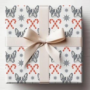 Confezione regalo natalizia Bulldog francese, carta da regalo Frenchie, confezione regalo natalizia per cani, confezione di bastoncini di zucchero, regali di Natale per cani