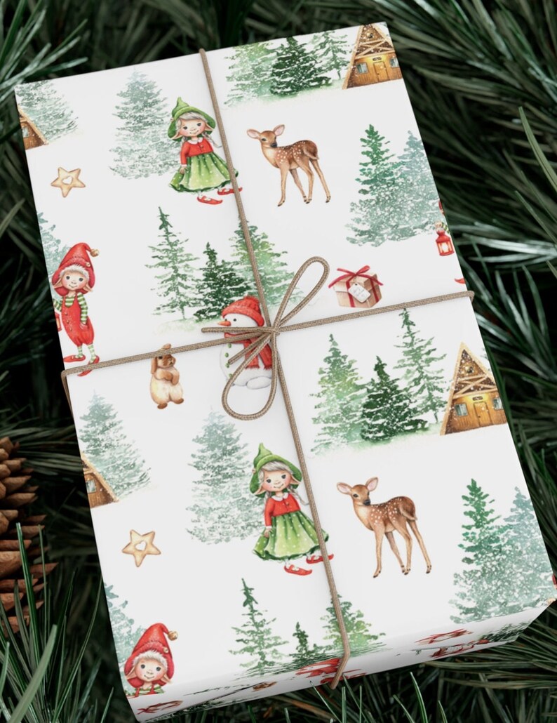 Adorable Nordic Elf Child Christmas Wrapping Paper, Holiday Gift Wrap, Christmas Wrapping Paper, Scandanavian Christmas, Scandinavian Wrap zdjęcie 4