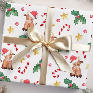 Highland Cow Cute Cartoon Christmas Gift Wrap, Merry Christmas Wrapping Paper, Vintage Gift Wrap, Highland cow Christmas, Bull image 1