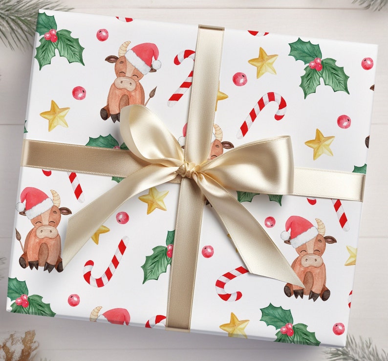 Highland Cow Cute Cartoon Christmas Gift Wrap, Merry Christmas Wrapping Paper, Vintage Gift Wrap, Highland cow Christmas, Bull image 1