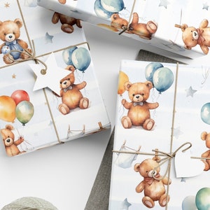 Teddy Bear Wrapping Paper, Baby Shower Gift Wrap, Baby Boy Birthday Wrapping Paper, Vintage Retro Bear, Baby Shower Gift, Birthday Boy image 2