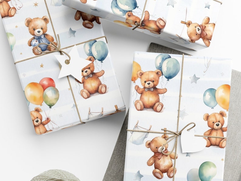 Teddy Bear Wrapping Paper, Baby Shower Gift Wrap, Baby Boy Birthday Wrapping Paper, Vintage Retro Bear, Baby Shower Gift, Birthday Boy image 2