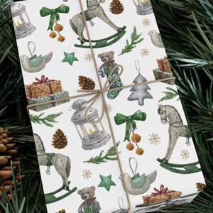 Vintage Christmas Wrapping Paper, Retro Christmas, Green Rustic Wrapping Paper, Christmas Wrapping Paper, Holiday Gift Wrap, Rocking Horse image 2