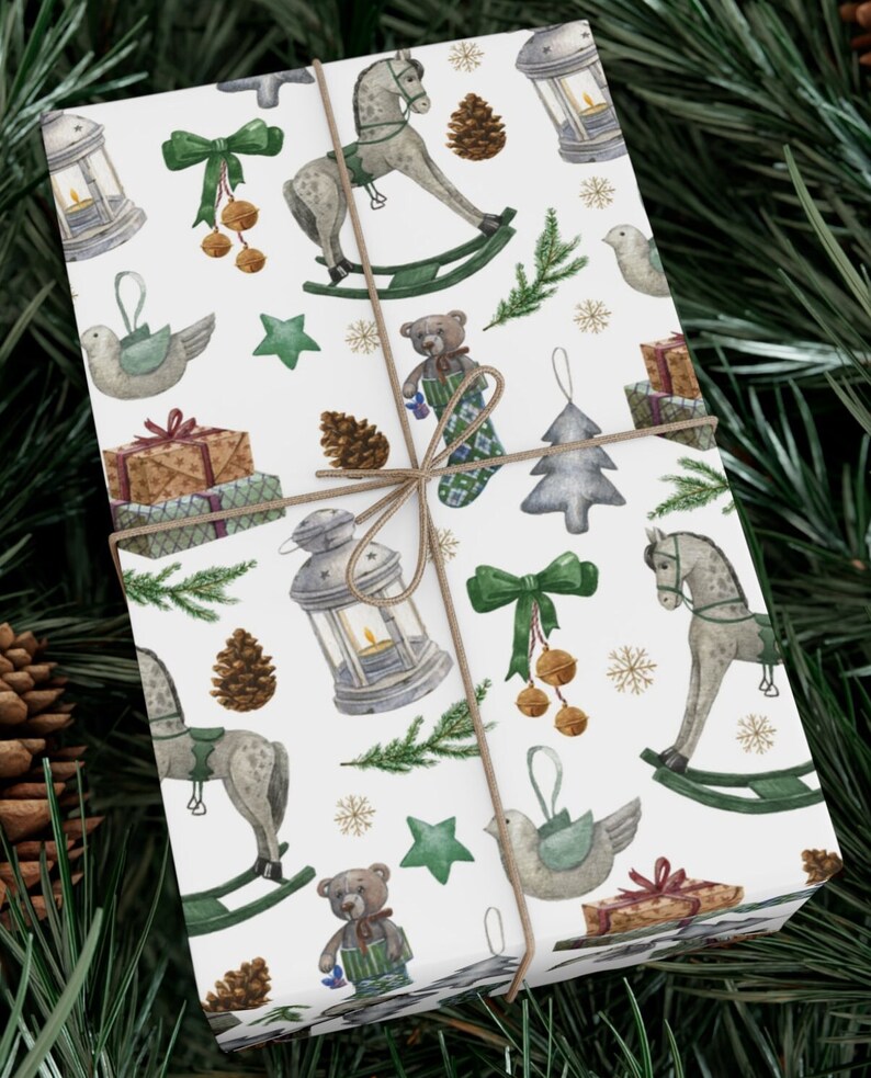 Vintage Christmas Wrapping Paper, Retro Christmas, Green Rustic Wrapping Paper, Christmas Wrapping Paper, Holiday Gift Wrap, Rocking Horse image 2