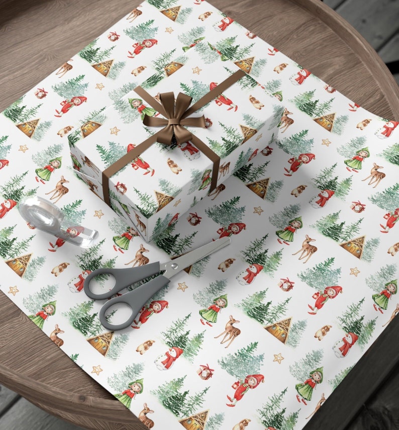 Adorable Nordic Elf Child Christmas Wrapping Paper, Holiday Gift Wrap, Christmas Wrapping Paper, Scandanavian Christmas, Scandinavian Wrap zdjęcie 3
